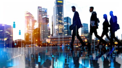 Obraz premium Silhouetted Business Professionals Walking in Cityscape with Digital Overlays and Graphical Elements