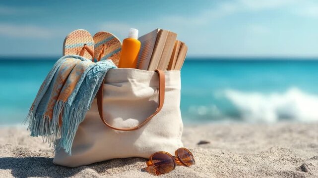 Beach bag with summer essentials on sandy shore in front of ocean waves Open beach bag on the sand filled with sunscreen sunglasses towel book and flip flops ocean in background