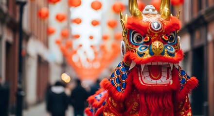 Fototapeta premium Vibrant Chinese Dragon Costume Celebrates Cultural Festivities in a Lively Urban Setting