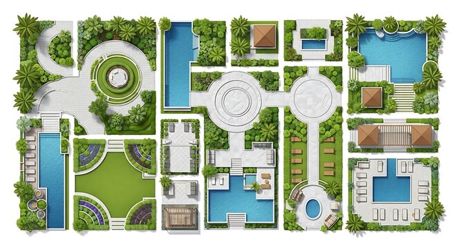 A detailed architectural site plan view of a modern luxury resort landscape design with pools