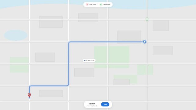 City map with navigation route from start point to destination showing distance and time