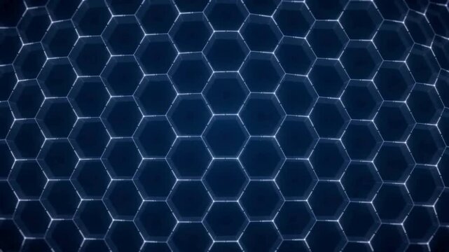 Glowing blue hexagons form a futuristic pattern in a dark video background