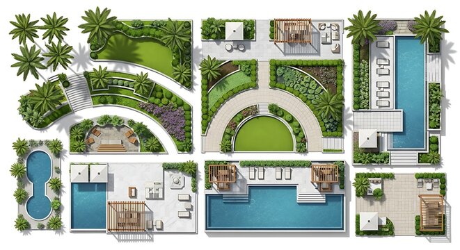 An architectural plan showing multiple residential layouts with outdoor swimming pools and gardens