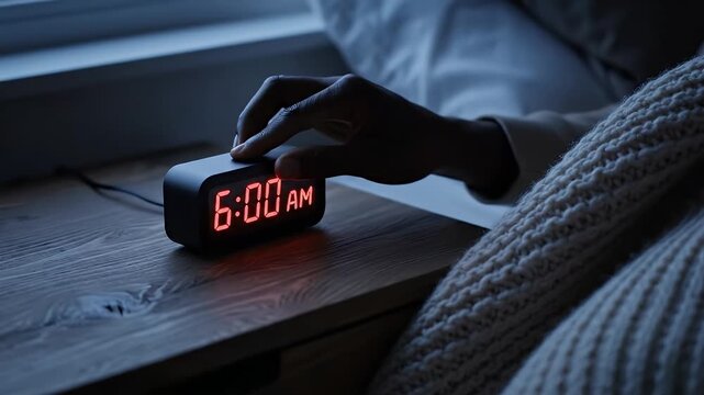 Hand turning off alarm clock on nightstand in dark bedroom