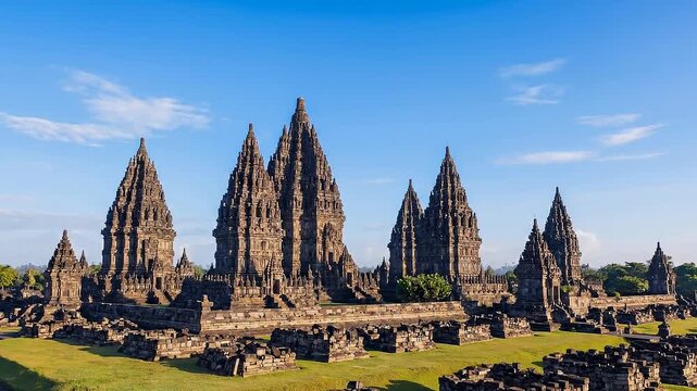 Prambanan temple complex towers under a bright blue sky
