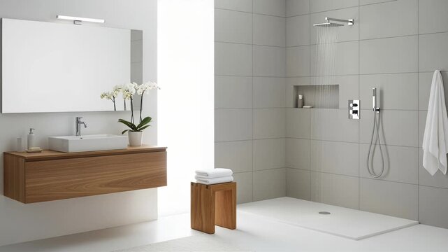 bathroom modern interior with wooden vanity and glass shower