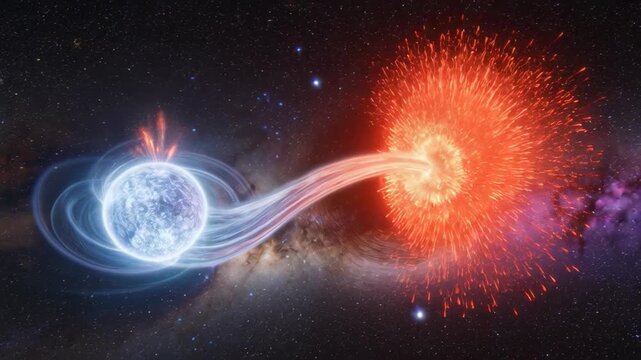 Animation of binary star system with matter transfer between a blue dwarf and red giant resulting in a massive stellar explosion in space.