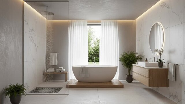 freestanding bathtub marble bathroom with window light and plants