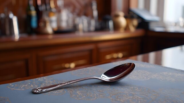A polished silver spoon rests on an ornate patterned tablecloth against a softly blurred luxurious interior background