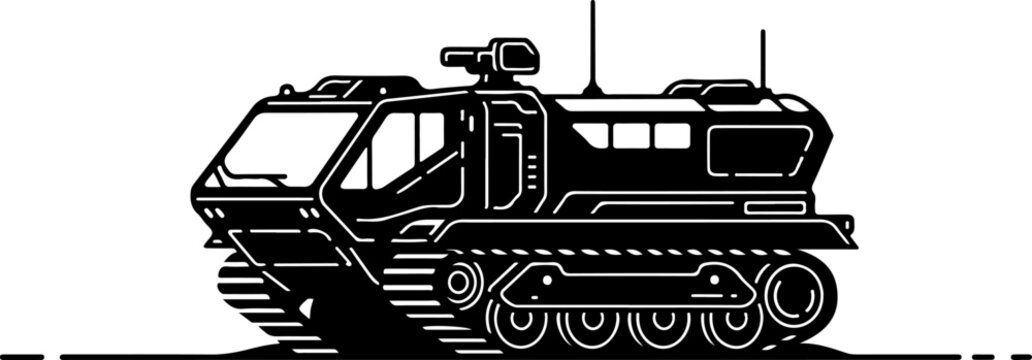 Military tank, armored vehicle, black illustration, vector graphics, combat machine