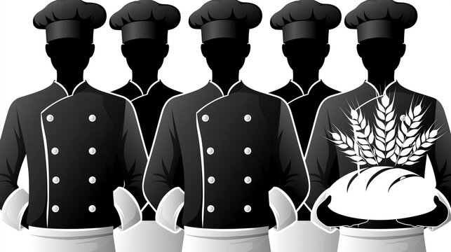Group of chef silhouettes holding fresh bread loaf with culinary silhouette catering