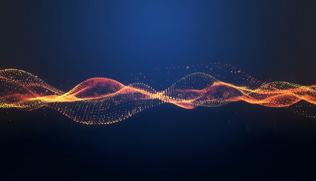 Glowing golden orange digital particle wave flowing dynamically on a dark blue background. Abstract technology, sound frequency equalizer, and big data visualization.