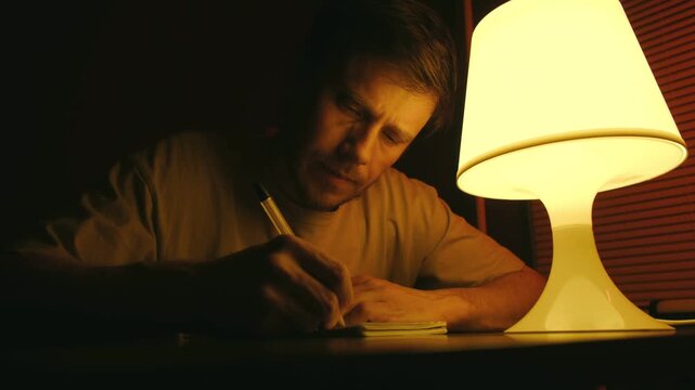 Thoughtful man sitting at table in dark room, illuminated warm light modern lamp while writing down his ideas, thoughts, letter on small notepad with pen. Focused writer writing by lamplight at night
