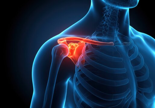Anatomical illustration of a human shoulder joint with inflammation