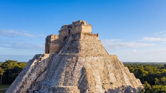 Ancient Mayan pyramid structure bathed in golden sunlight
