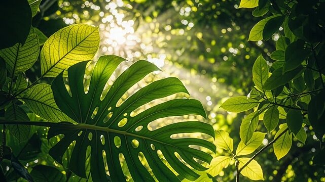monstera leaf sunlit tropical foliage in jungle