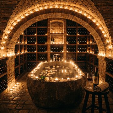 Candlelit Wine Cellar bath. A stone tub tucked into a brick-arched cellar. Rows of wine bottles and hundreds of glowing tea lights. Intimate, warm, 1:1 ratio