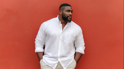 Obraz premium Plus-size man looking confident in a white shirt against a red wall