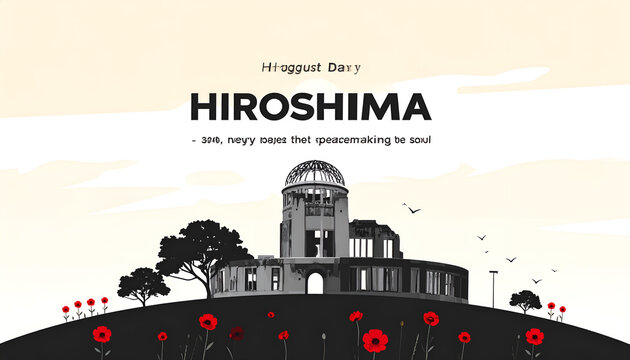 Hiroshima Peace Memorial Park Atomic Bomb Dome illustration with poppies.