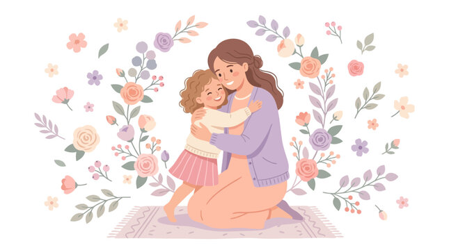 A heartwarming illustration depicts a mother lovingly embracing her young daughter against a backdrop of pastel flowers and foliage, rendered in a soft, gentle style with a tender