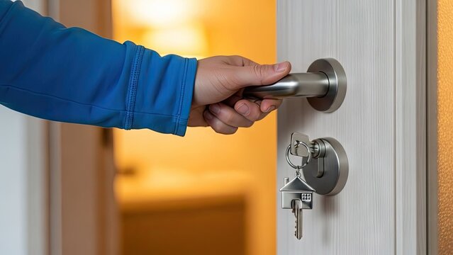 Hand inserting key into door lock with attached house keys