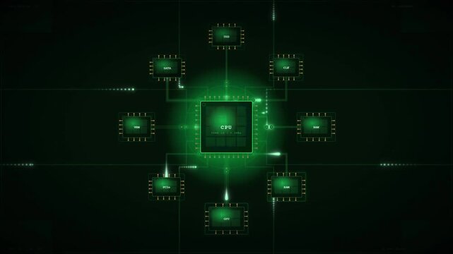 Glowing green circuit board with CPU GPU RAM and computer hardware components diagram