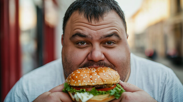 Plus-size man joyfully eating a hamburger outdoors
