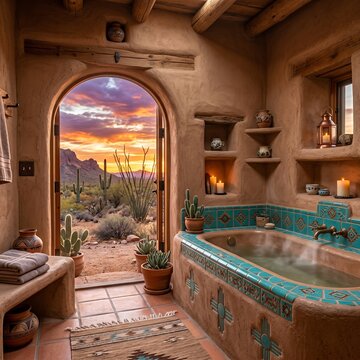 Desert Adobe bathroom at sunset. A clay-colored built-in tub with turquoise inlay. View of the desert through an open doorway. Warm orange and purple sky. Earthy, southwestern, 1:1 ratio