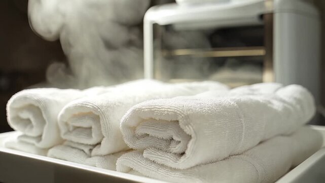 Steam rising from neatly folded white spa towels on a tray with a towel warmer in the background, symbolizing relaxation, comfort, cleanliness, and luxury spa treatments.