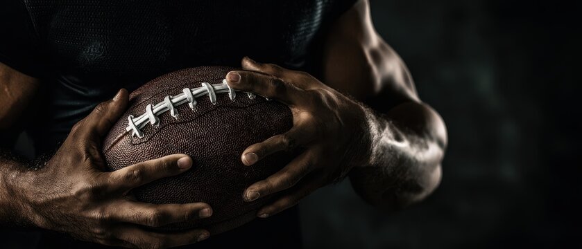The Football Held by a Muscular Athlete in Dramatic Low Light Sports Portrait