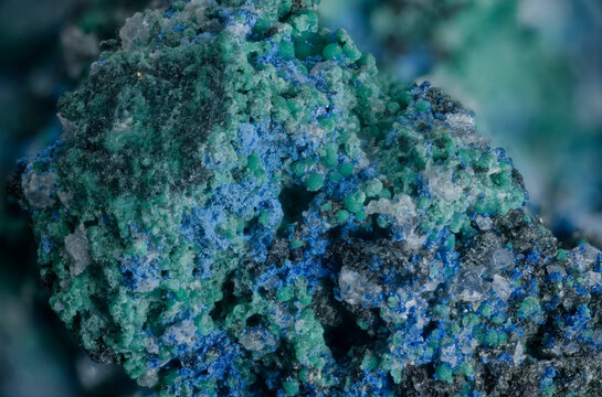 Macro of hemimorphite with blue azurite and green malachite, diverse crystal habits from Altai, Russia. Secondary copper-zinc minerals scientific specime