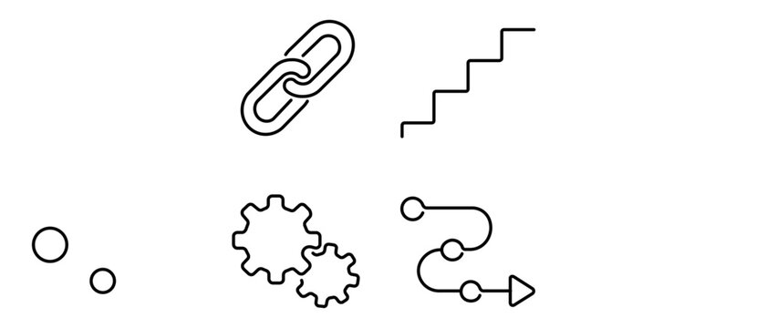Professional task dependency mapping vector icon set with editable stroke, presenting a collection of 4 icons including gears, ladders, and arrows for structured project management workflows.