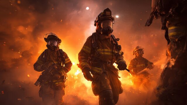 Firefighters in Protective Gear Fighting Fire in Intense Smoke and Flames