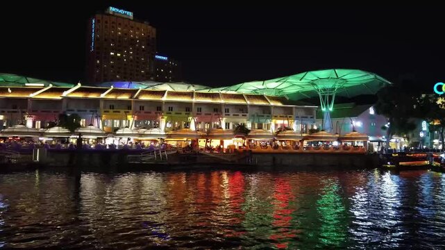 Clarke Quay Singapore Night Riverside with Colorful Lights and Reflections