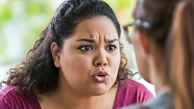 Woman expresses shock and disbelief during an intense conversation with another person