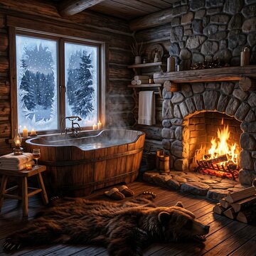 Snowy Log Cabin bath. A heavy wooden tub in front of a roaring fireplace. Bearskin rug on the floor and frost on the windows. Warm vs Cold contrast, 1:1 ratio