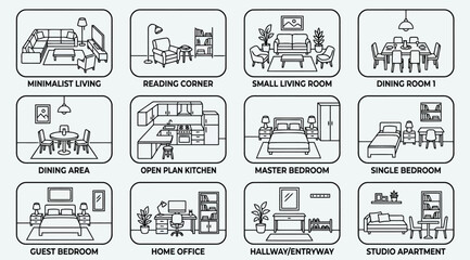 Obraz premium Set of interior room icons, minimalist line art furniture layouts for living room, bedroom, kitchen, and office