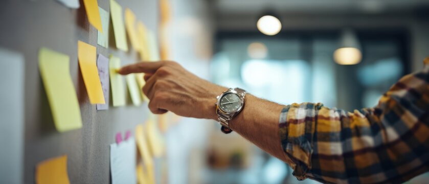 The Hand Pointing at Colorful Sticky Notes on a Modern Office Planning Board