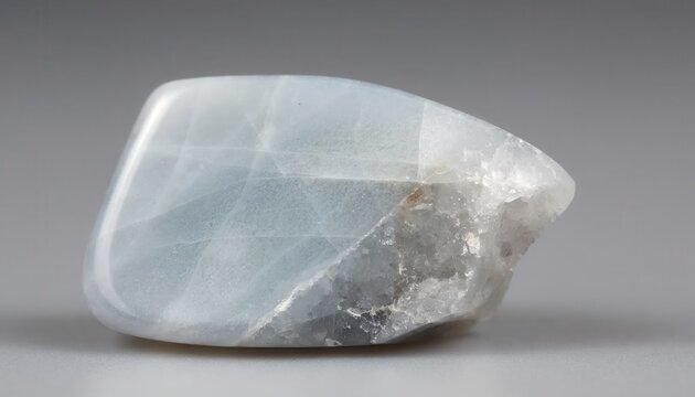 Close up of a polished light blue celestine gemstone with translucent layers and internal mineral fractures isolated on a neutral gray background in macro detail.