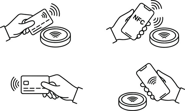 Contactless payment line art illustration set with smartphone and card tapping icons, NFC wireless transaction concept for fintech, banking, and digital commerce design use