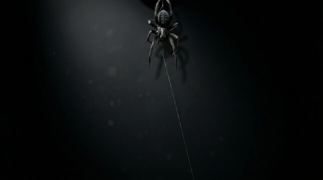 A mysterious arachnid descends from the shadowy ceiling on a glistening thread, creating a suspenseful and eerie atmosphere perfect for themes of fear, nature's darkness, or a spooky season
