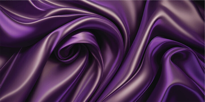 Luxurious purple and violet silk satin fabric background features smooth flowing waves of pink and blue textile texture with a soft light design for an elegant wallpaper illustration