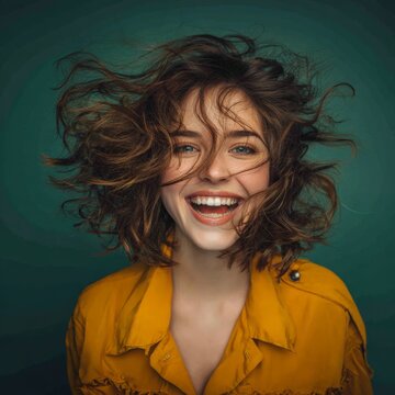 Woman with windblown hair laughing