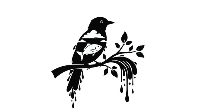 Whimsical bird silhouette on a branch, with a surreal scene of clouds and fish inside its body, dripping ink.