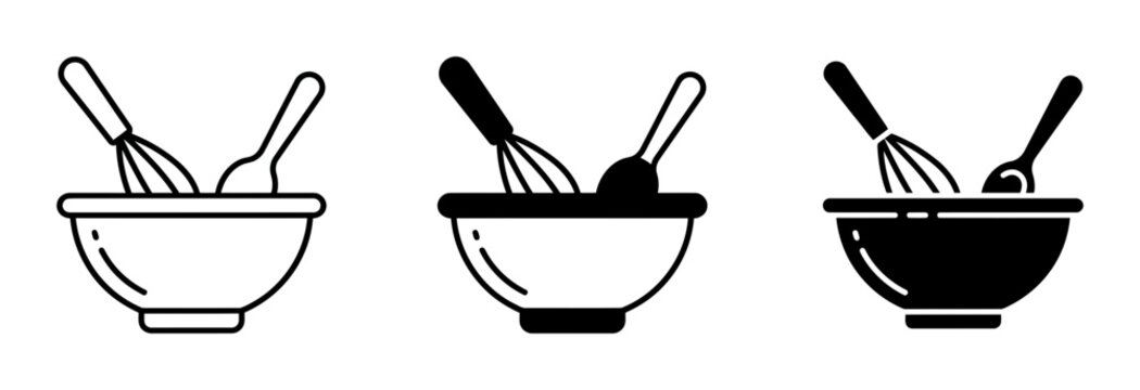 3 Kitchenware silhouette icons mixing bowl whisk spoon, solid black style, culinary cooking set