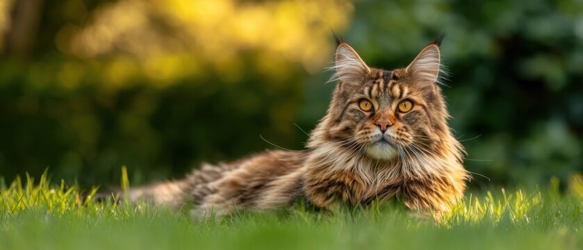 The Cat Lounging on Sunlit Grass with Intense Eyes and Fluffy Fur