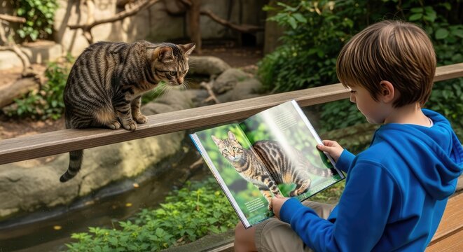 A young boy reading a book about a tiger cat while a real tiger cat sits on the railing and seems to observe the boy