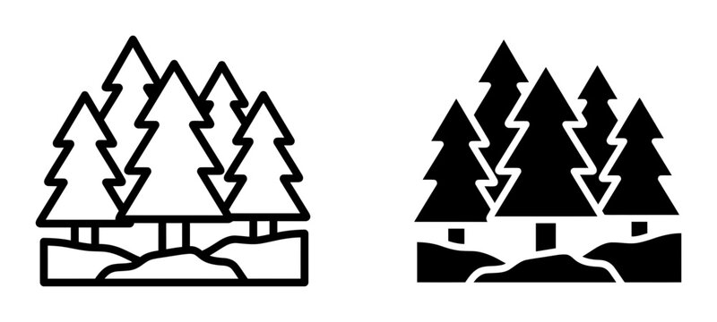 2 Forest silhouette icons pine trees, solid black style, nature environment landscape set