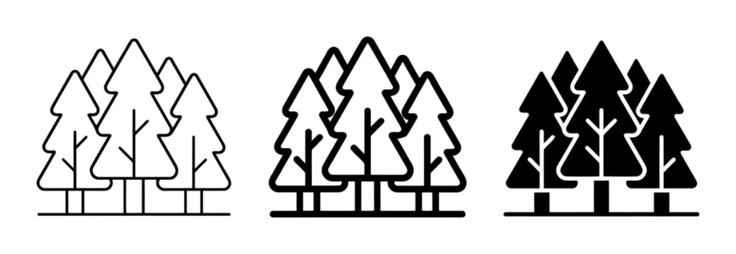 3 Pine tree silhouette icons evergreen forest set, solid black style, nature environment landscape