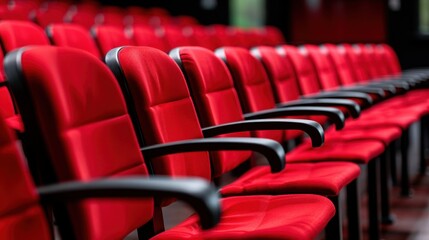 Fototapeta premium Rows of Vibrant Red Chairs in an Empty Auditorium Ready for an Event or Performance